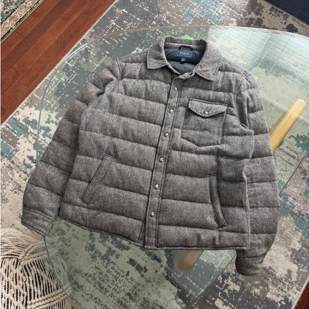 Polo Ralph Lauren Grey Wool Herringbone Down Puffer Shirt Jacket